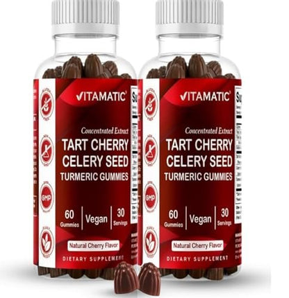 Vitamatic Sauerkirsch (360 mg) mit Selleriesamen (30 mg) 10:1 Extrakt & Kurkuma 20:1 Extrakt (10 mg) - (pro Portion/2 Gummis) - 60 Gummis (2er-Pack)