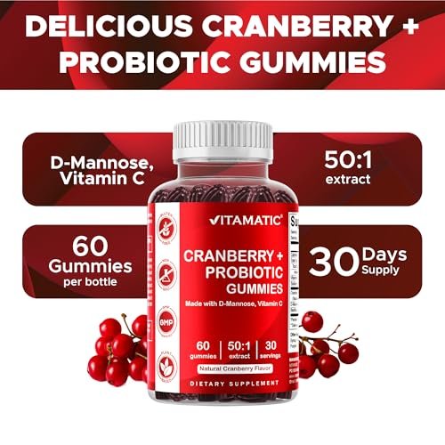 Vitamatic Cranberry Gummies mit D-Mannose, Probiotika, Vitamin C – Pflanzlicher Extrakt – Vegan, Nicht-GVO – 60 Stück