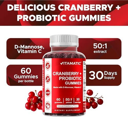 Vitamatic Cranberry Gummies mit D-Mannose, Probiotika, Vitamin C – Pflanzlicher Extrakt – Vegan, Nicht-GVO – 60 Stück