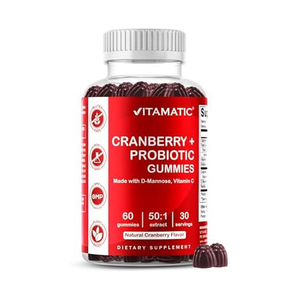 Vitamatic Cranberry Gummies mit D-Mannose, Probiotika, Vitamin C – Pflanzlicher Extrakt – Vegan, Nicht-GVO – 60 Stück