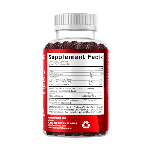 Vitamatic Cranberry Gummies mit D-Mannose, Probiotika, Vitamin C – Pflanzlicher Extrakt – Vegan, Nicht-GVO – 60 Stück