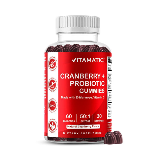 Vitamatic Cranberry Gummies mit D-Mannose, Probiotika, Vitamin C – Pflanzlicher Extrakt – Vegan, Nicht-GVO – 60 Stück