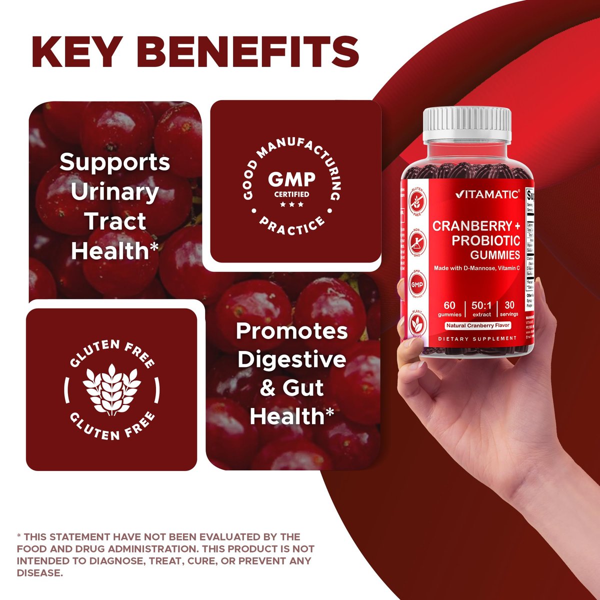 Vitamatic Cranberry Gummies mit D-Mannose, Probiotika, Vitamin C – Pflanzlicher Extrakt – Vegan, Nicht-GVO – 60 Stück