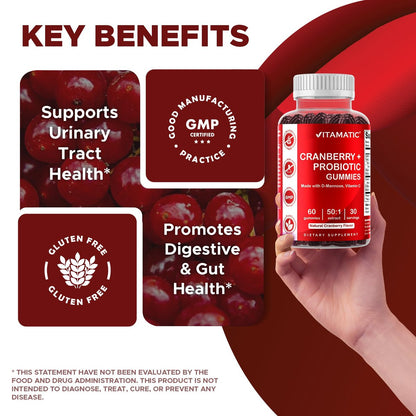 Vitamatic Cranberry Gummies mit D-Mannose, Probiotika, Vitamin C – Pflanzlicher Extrakt – Vegan, Nicht-GVO – 60 Stück