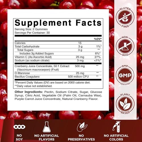 Vitamatic Cranberry Gummies mit D-Mannose, Probiotika, Vitamin C – Pflanzlicher Extrakt – Vegan, Nicht-GVO – 60 Stück