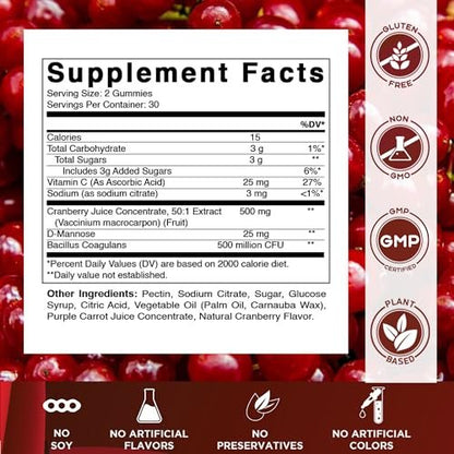Vitamatic Cranberry Gummies mit D-Mannose, Probiotika, Vitamin C – Pflanzlicher Extrakt – Vegan, Nicht-GVO – 60 Stück