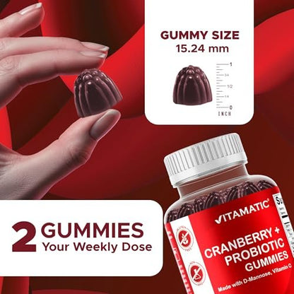 Vitamatic Cranberry Gummies mit D-Mannose, Probiotika, Vitamin C – Pflanzlicher Extrakt – Vegan, Nicht-GVO – 60 Stück