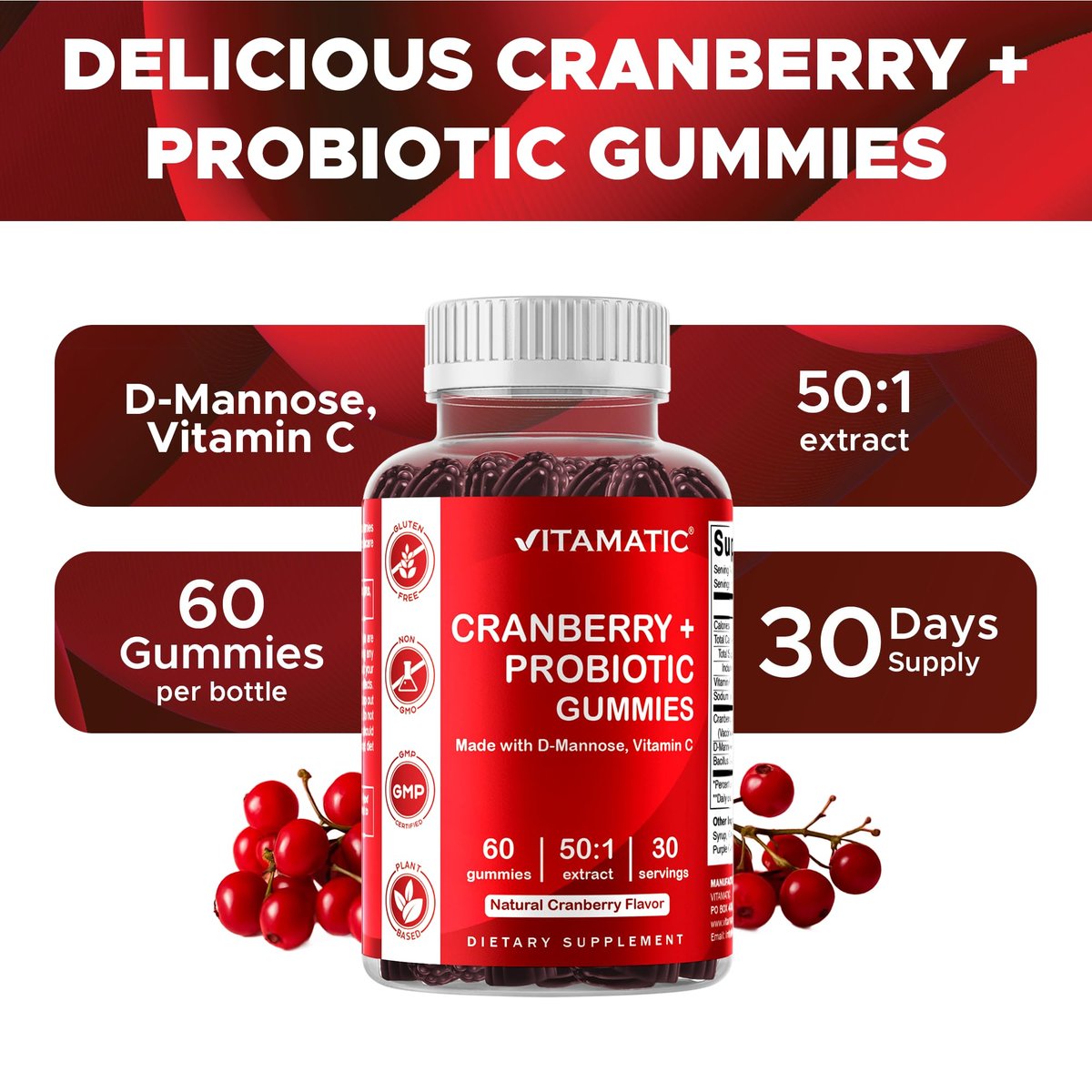 Vitamatic Cranberry Gummies mit D-Mannose, Probiotika, Vitamin C – Pflanzlicher Extrakt – Vegan, Nicht-GVO – 60 Stück