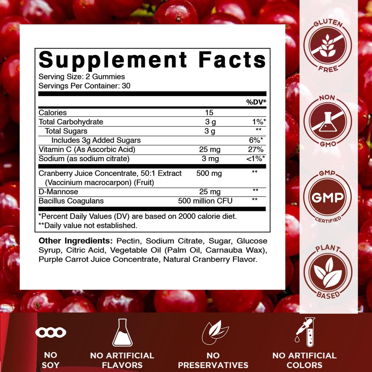Vitamatic Cranberry Gummies mit D-Mannose, Probiotika, Vitamin C – Pflanzlicher Extrakt – Vegan, Nicht-GVO – 60 Stück