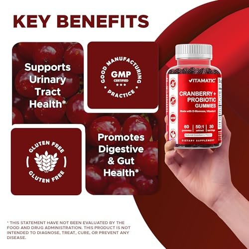 Vitamatic Cranberry Gummies mit D-Mannose, Probiotika, Vitamin C – Pflanzlicher Extrakt – Vegan, Nicht-GVO – 60 Stück