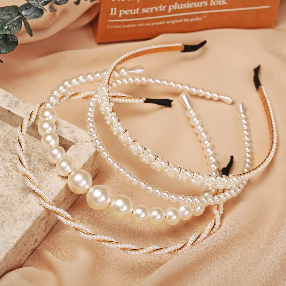 BEAYFILY 4er-Pack Perlen-Stirnbänder, weiße künstliche Perlen-Rhinestone-Haarbänder, Braut-Haarreif, Party-Hochzeits-Haarschmuck für Frauen und Mädchen