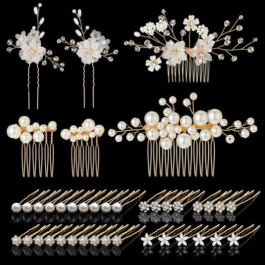 40-teiliger Braut-Haarschmuck: Dekorative Blumen-Haarnadeln mit Perlen und Kristallen – Gold & Weiß für Hochzeiten und besondere Anlässe