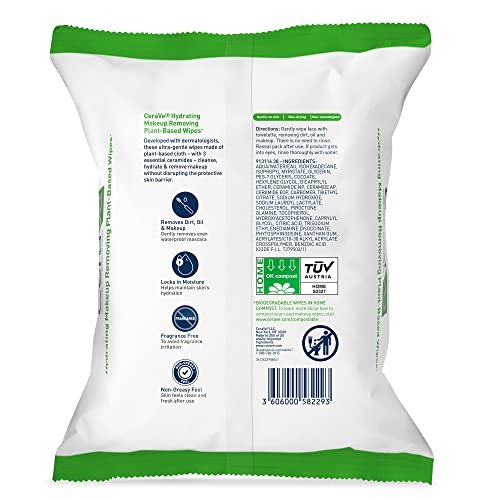 CeraVe Makeup Remover Wipes – Pflanzliche Abschminktücher, biologisch abbaubar, wasserfreie Reinigung, für empfindliche Haut, parfümfrei + nicht komedogen, 25 Stück