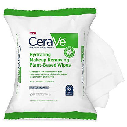CeraVe Makeup Remover Wipes – Pflanzliche Abschminktücher, biologisch abbaubar, wasserfreie Reinigung, für empfindliche Haut, parfümfrei + nicht komedogen, 25 Stück