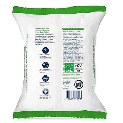 CeraVe Makeup Remover Wipes – Pflanzliche Abschminktücher, biologisch abbaubar, wasserfreie Reinigung, für empfindliche Haut, parfümfrei + nicht komedogen, 25 Stück