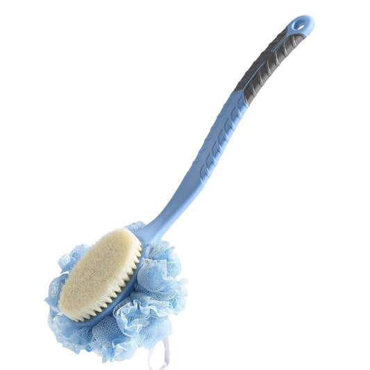 Körperbürste für die Dusche mit Borsten und Loofah, Rückenbürste mit gebogenem 40 cm langem Griff, Anti-Rutsch-Griff, Peeling-Massagebürste für Männer und Frauen (Blau) - 2. Generation