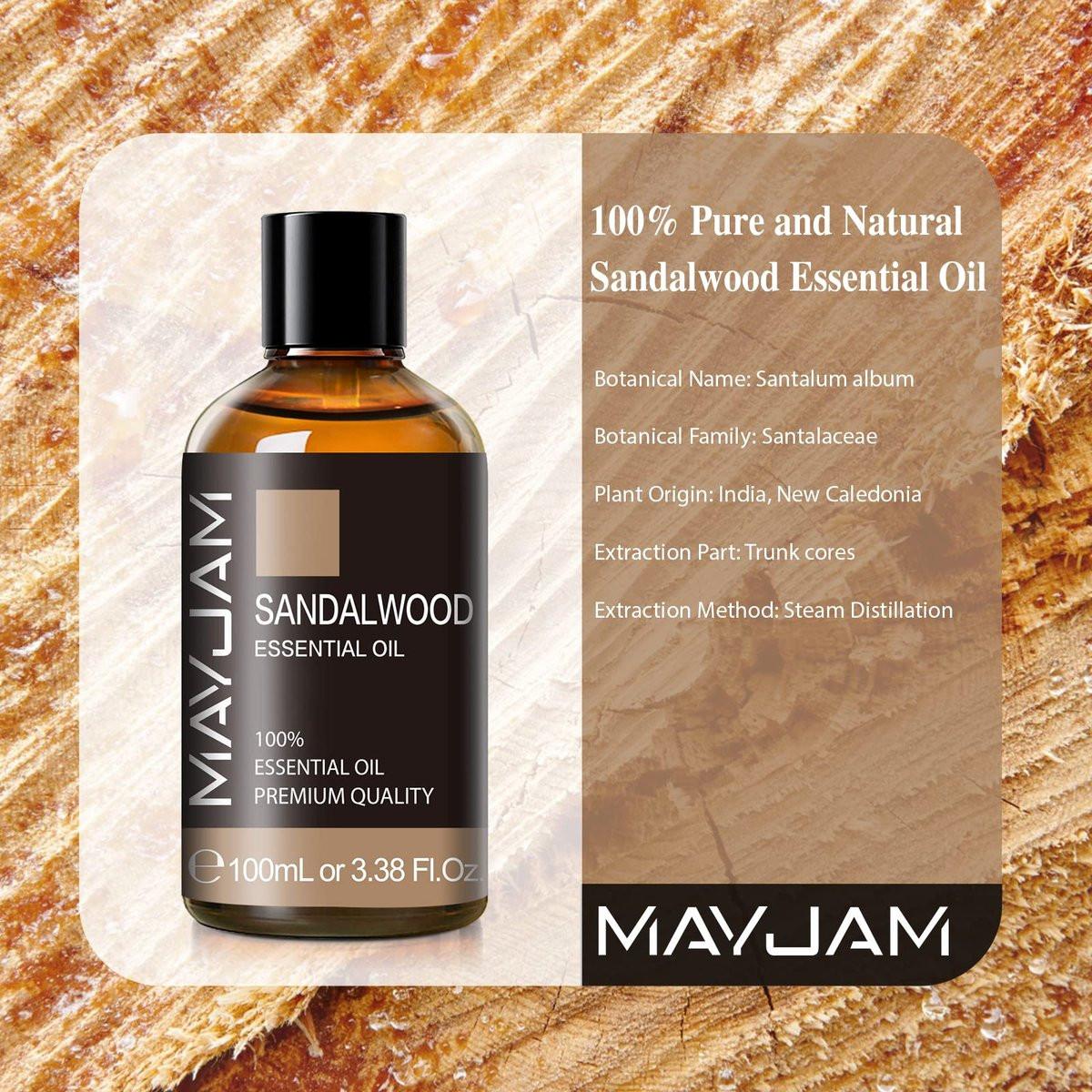 Sandelholz Ätherisches Öl, 100 ml Reines Sandelholzöl von MAYJAM, Großvolumig, Perfekt für Aromatherapie-Diffuser, Ideal für DIY-Kerzen- und Seifenherstellung