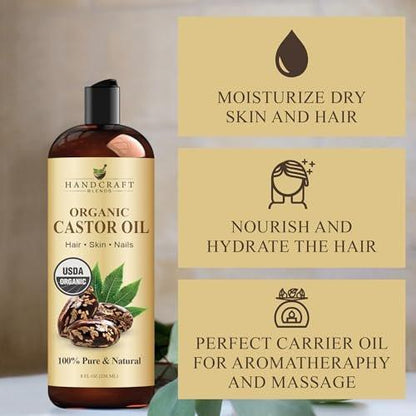 Handcraft Blends Bio Rizinusöl 240 ml | 100 % rein und natürlich | Premium Trägeröl für Haar, Wimpern und Augenbrauen | Kaltgepresst | Hexanfrei