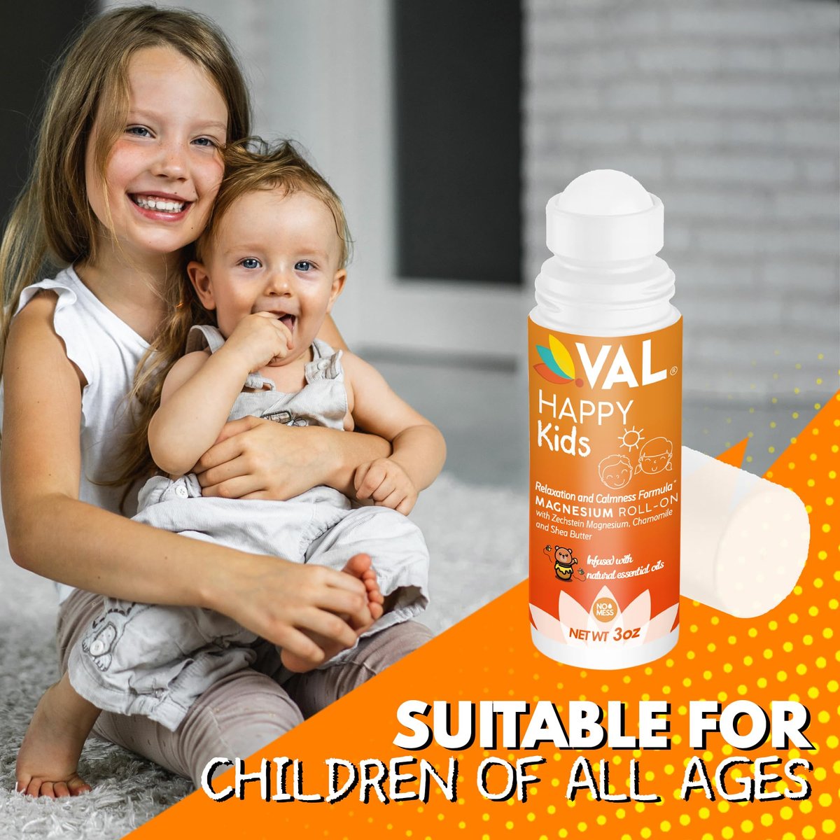 VAL Magnesium Roll-On für Kinder | Sanftes Zechstein Magnesiumchlorid | Entspannung für Tag und Nacht | Beruhigung & Stimmungsunterstützung | mit Kamille, Sheabutter & ätherischen Ölen | Hergestellt in den USA | 89 ml
