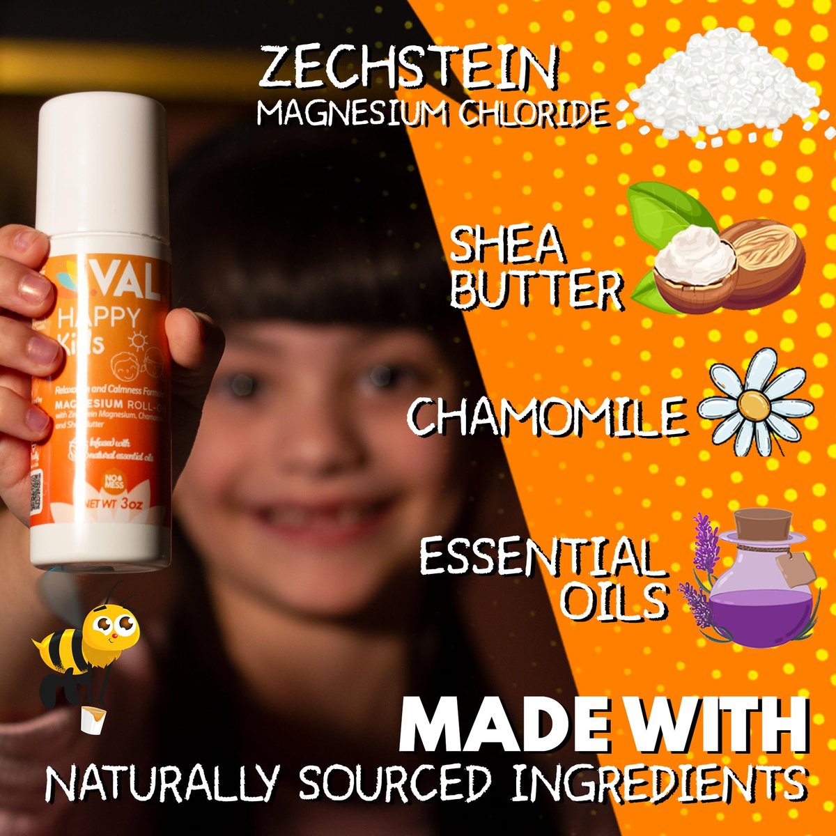 VAL Magnesium Roll-On für Kinder | Sanftes Zechstein Magnesiumchlorid | Entspannung für Tag und Nacht | Beruhigung & Stimmungsunterstützung | mit Kamille, Sheabutter & ätherischen Ölen | Hergestellt in den USA | 89 ml