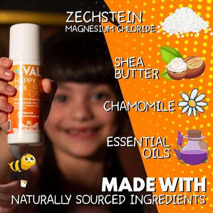 VAL Magnesium Roll-On für Kinder | Sanftes Zechstein Magnesiumchlorid | Entspannung für Tag und Nacht | Beruhigung & Stimmungsunterstützung | mit Kamille, Sheabutter & ätherischen Ölen | Hergestellt in den USA | 89 ml