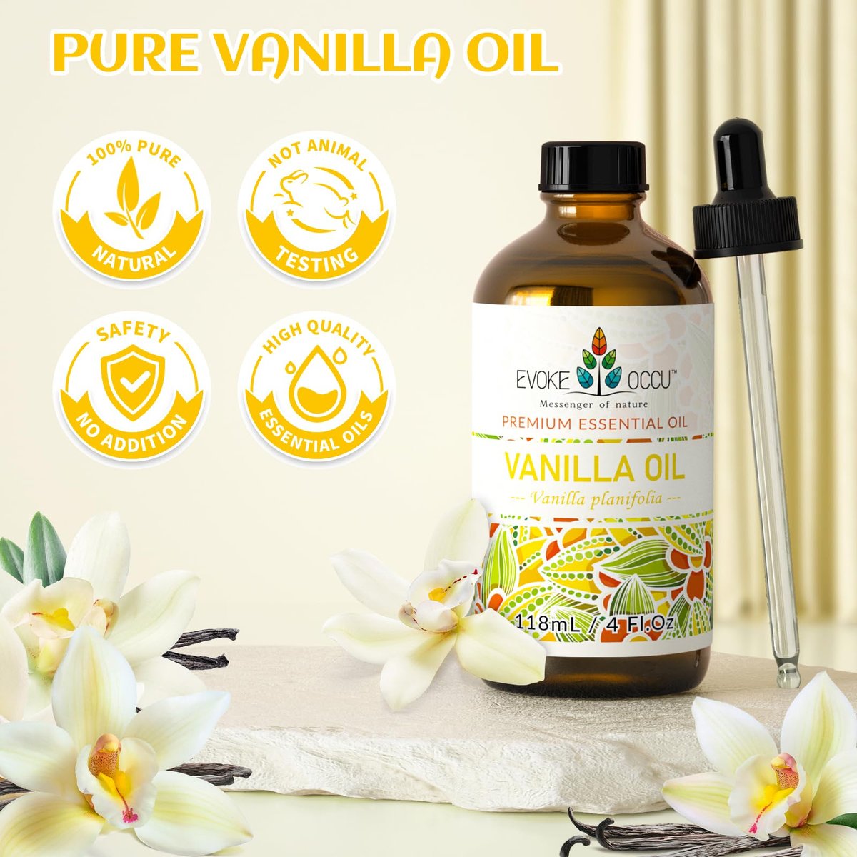 EVOKE OCCU Vanille Ätherisches Öl – 118 ml – für Entspannung im Home Office, Wohnzimmer, Diffuser, Kerzen, Seife