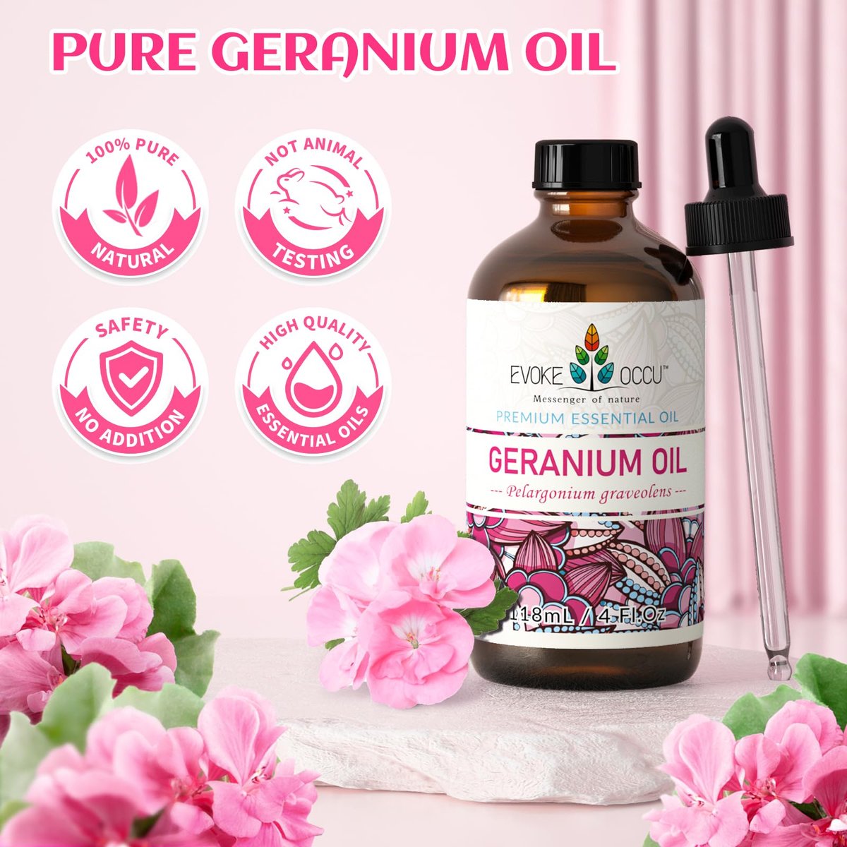 EVOKE OCCU Reines & Natürliches Geranienöl für Haut, Haare, Diffuser, Aromatherapie - 118 ml