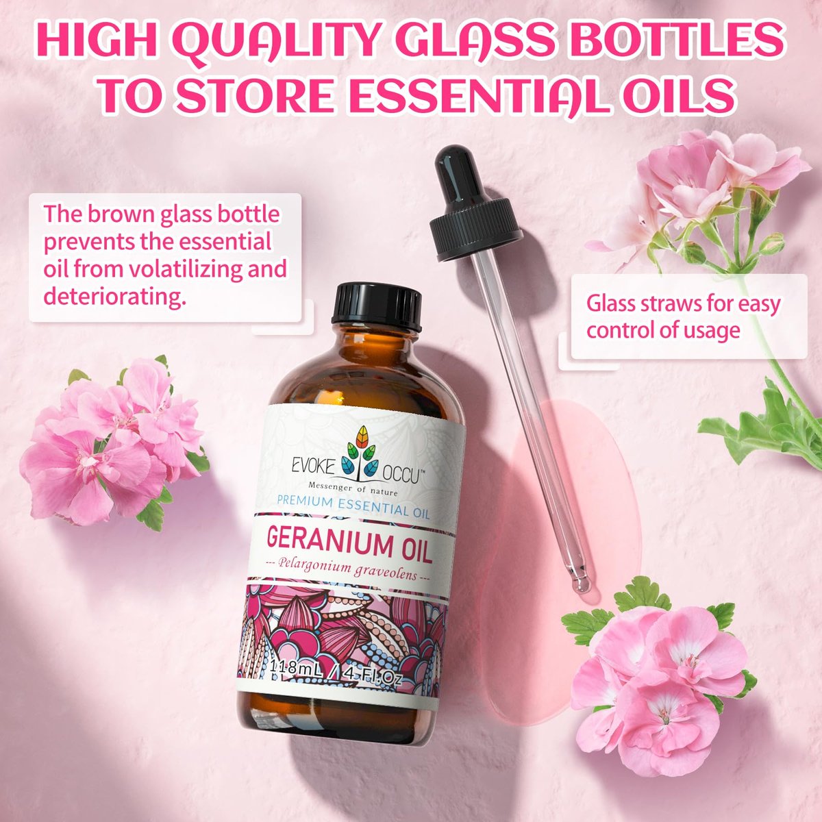EVOKE OCCU Reines & Natürliches Geranienöl für Haut, Haare, Diffuser, Aromatherapie - 118 ml