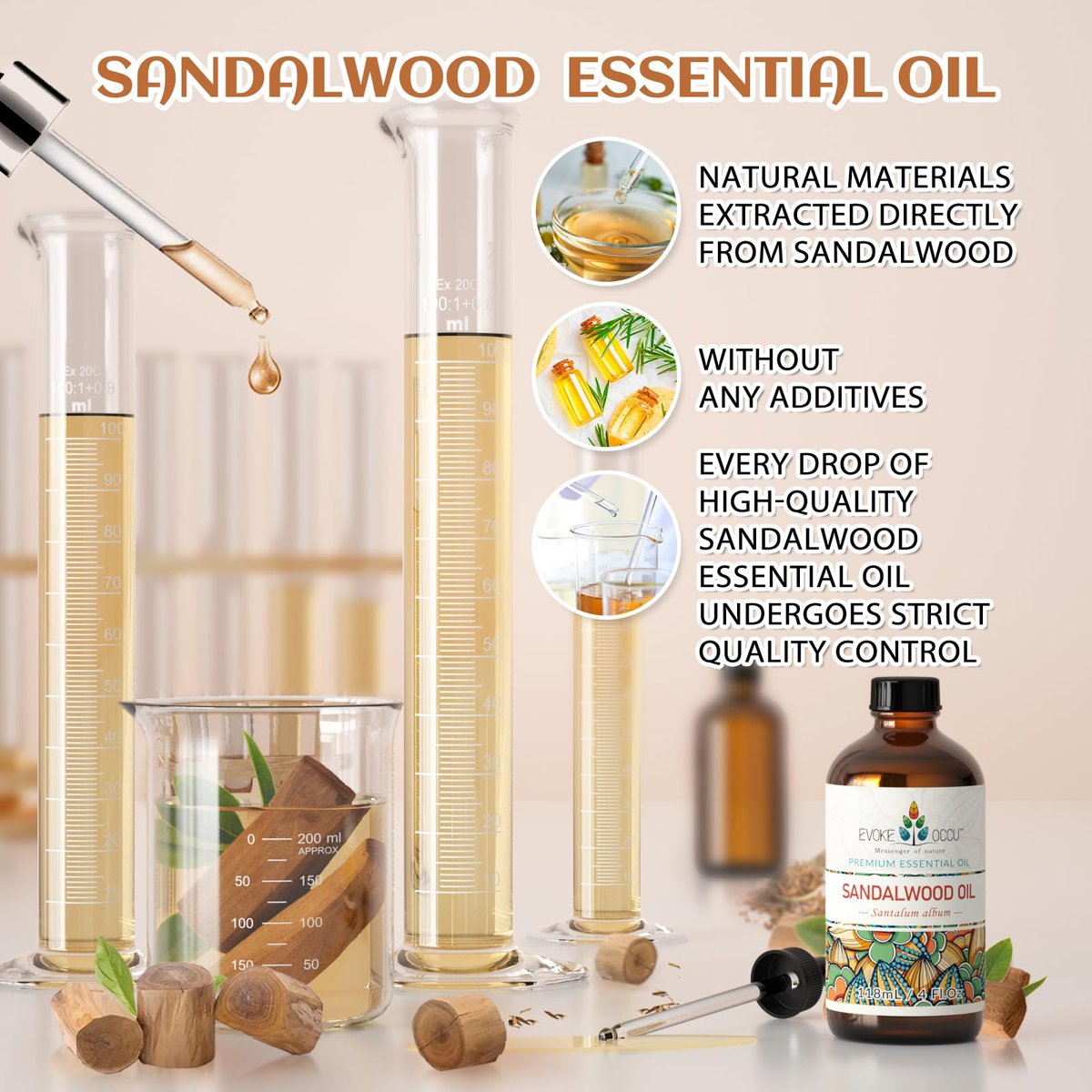 EVOKE OCCU Sandelholz Ätherisches Öl für Hautpflege, Diffuser, Parfüm, Kerzen- und Seifenherstellung - 118 ml