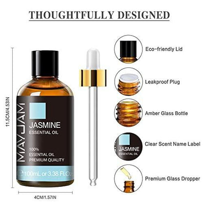 MAYJAM Jasmin ätherisches Öl mit Glaspipette – 100 ml reines Naturöl für Diffuser, Seifen- und Kerzenherstellung