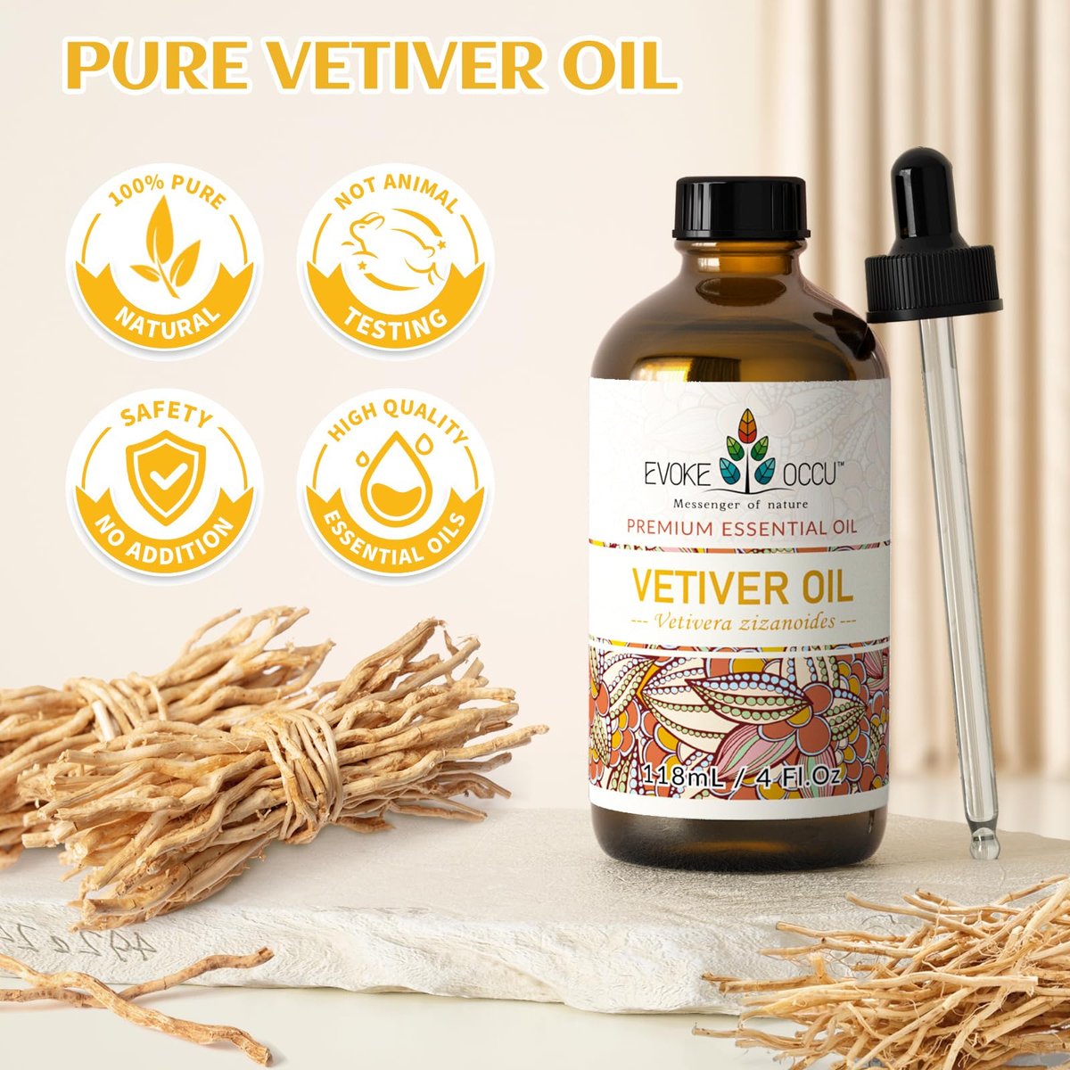 EVOKE OCCU Reines & Natürliches Vetiver Ätherisches Öl für Haut, DIY, Kerzen- und Seifenherstellung - 118 ml