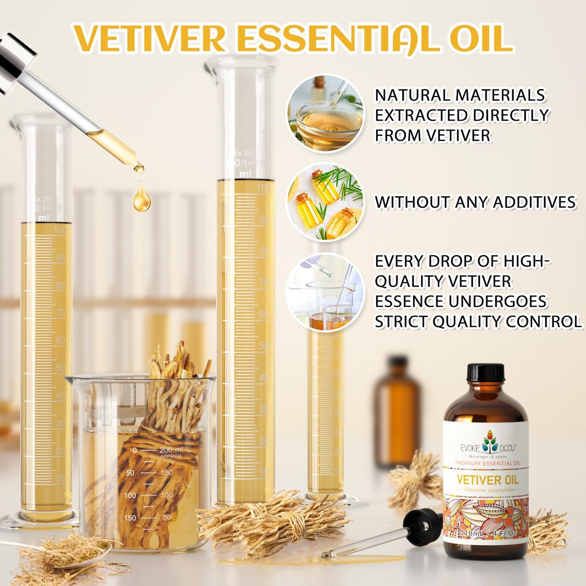 EVOKE OCCU Reines & Natürliches Vetiver Ätherisches Öl für Haut, DIY, Kerzen- und Seifenherstellung - 118 ml