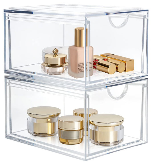 AMEITECH 2er-Pack durchsichtige stapelbare Schublade, Aufbewahrungsbox für Bad, Make-up-Organizer, Kunststoff-Aufbewahrungsbehälter, Acryl-Organisation und -Aufbewahrung für Schminktisch, Küchenschränke, Speisekammer, unter der Spüle
