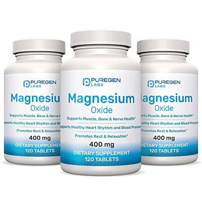 Magnesium 400mg [Hohe Potenz] Nahrungsergänzung – Magnesiumoxid für Immununterstützung, Muskelregeneration, Beinkrämpfe, Entspannung - 3er Pack | Insgesamt 360 Kapseln