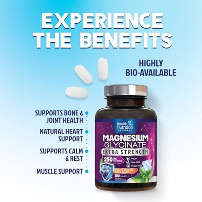Magnesium Glycinat 250 mg pro Portion – Hochabsorbierendes, 100% cheliertes Magnesium – Unterstützt Muskeln, Nerven, Knochen und Herz – Glutenfrei, Nicht-GVO, Vegan – Hergestellt in den USA – 180 Tabletten