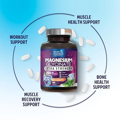 Magnesium Glycinat 250 mg pro Portion – Hochabsorbierendes, 100% cheliertes Magnesium – Unterstützt Muskeln, Nerven, Knochen und Herz – Glutenfrei, Nicht-GVO, Vegan – Hergestellt in den USA – 180 Tabletten