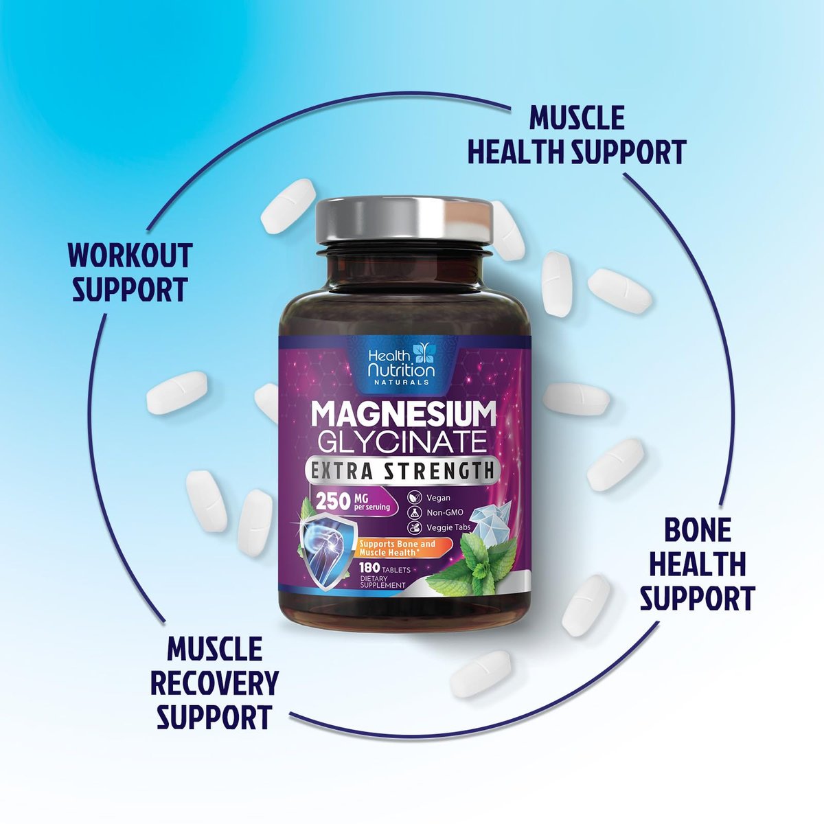 Magnesium Glycinat 250 mg pro Portion – Hochabsorbierendes, 100% cheliertes Magnesium – Unterstützt Muskeln, Nerven, Knochen und Herz – Glutenfrei, Nicht-GVO, Vegan – Hergestellt in den USA – 180 Tabletten