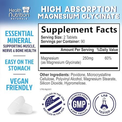 Magnesium Glycinat 250 mg pro Portion – Hochabsorbierendes, 100% cheliertes Magnesium – Unterstützt Muskeln, Nerven, Knochen und Herz – Glutenfrei, Nicht-GVO, Vegan – Hergestellt in den USA – 180 Tabletten