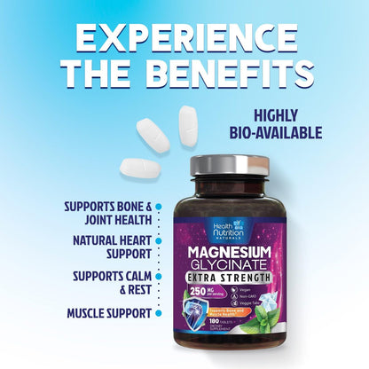 Magnesium Glycinat 250 mg pro Portion – Hochabsorbierendes, 100% cheliertes Magnesium – Unterstützt Muskeln, Nerven, Knochen und Herz – Glutenfrei, Nicht-GVO, Vegan – Hergestellt in den USA – 180 Tabletten