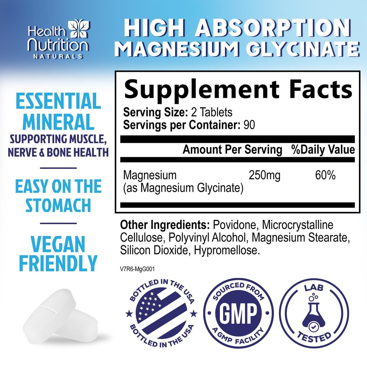 Magnesium Glycinat 250 mg pro Portion – Hochabsorbierendes, 100% cheliertes Magnesium – Unterstützt Muskeln, Nerven, Knochen und Herz – Glutenfrei, Nicht-GVO, Vegan – Hergestellt in den USA – 180 Tabletten
