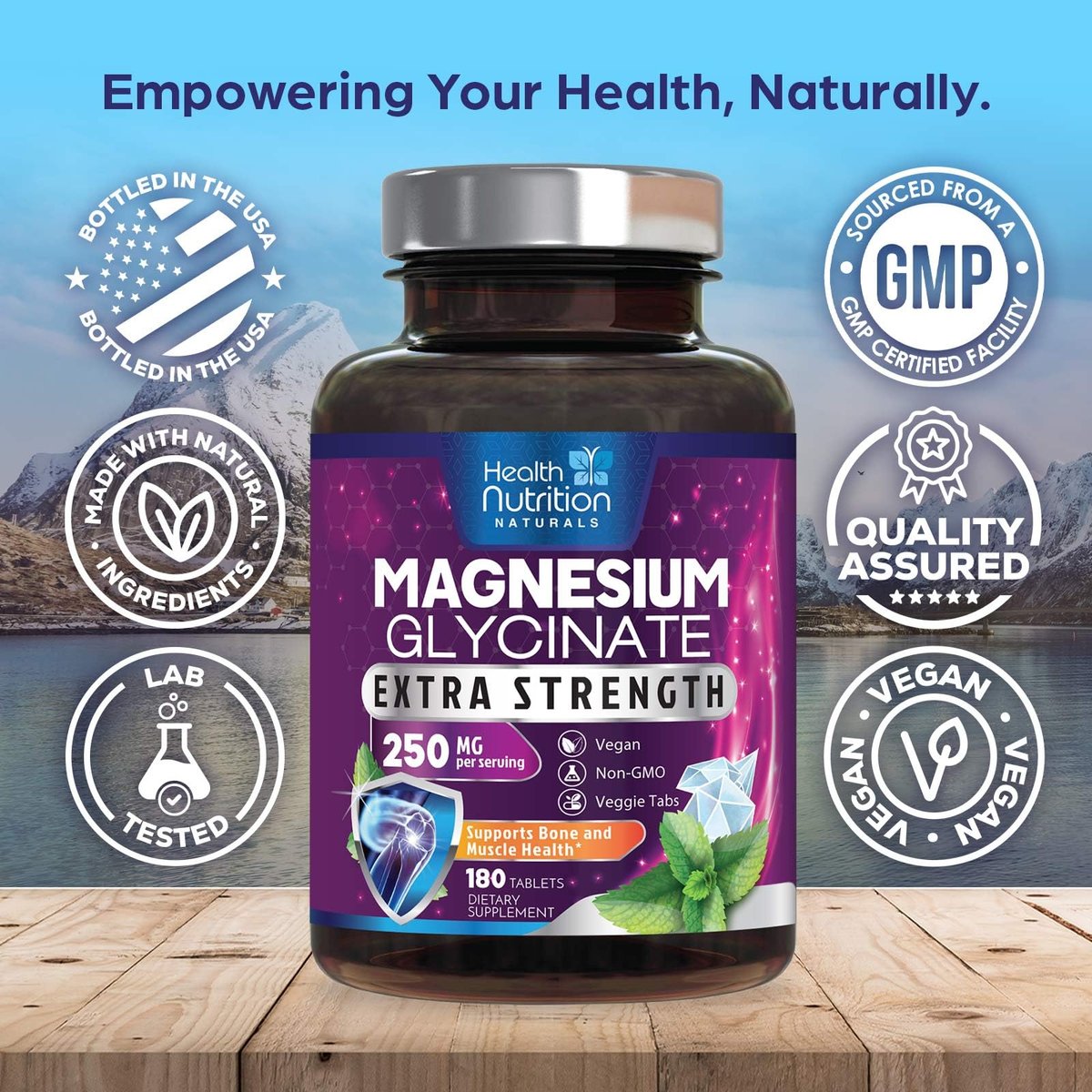 Magnesium Glycinat 250 mg pro Portion – Hochabsorbierendes, 100% cheliertes Magnesium – Unterstützt Muskeln, Nerven, Knochen und Herz – Glutenfrei, Nicht-GVO, Vegan – Hergestellt in den USA – 180 Tabletten