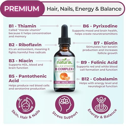 Why Not Natural Vitamin B Komplex flüssige Tropfen - Nahrungsergänzung für Frauen - Vegan und sublinguale Formen von B1, B2, B3, B5, B6, Biotin, Folat und Cholin - Plus Mischung zur Energieunterstützung