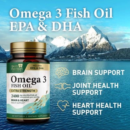 Omega 3 Fischöl Kapseln – 2400 mg Fischöl pro Portion – Dreifach starke Omega-3 mit EPA & DHA Fettsäuren – Natürliche Unterstützung für Herz, Gehirn und Immunsystem – Wild gefangen, in den USA abgefüllt – 60 Weichkapseln