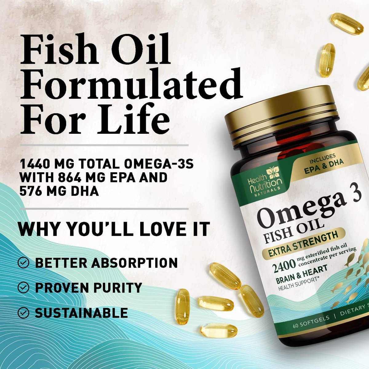 Omega 3 Fischöl Kapseln – 2400 mg Fischöl pro Portion – Dreifach starke Omega-3 mit EPA & DHA Fettsäuren – Natürliche Unterstützung für Herz, Gehirn und Immunsystem – Wild gefangen, in den USA abgefüllt – 60 Weichkapseln