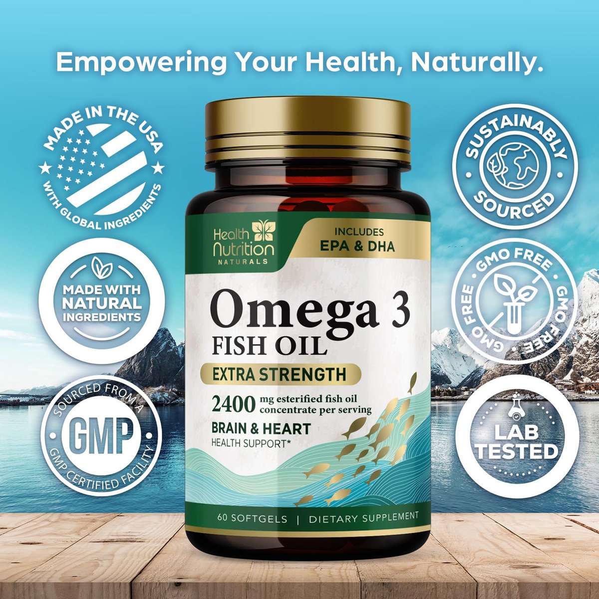 Omega 3 Fischöl Kapseln – 2400 mg Fischöl pro Portion – Dreifach starke Omega-3 mit EPA & DHA Fettsäuren – Natürliche Unterstützung für Herz, Gehirn und Immunsystem – Wild gefangen, in den USA abgefüllt – 60 Weichkapseln