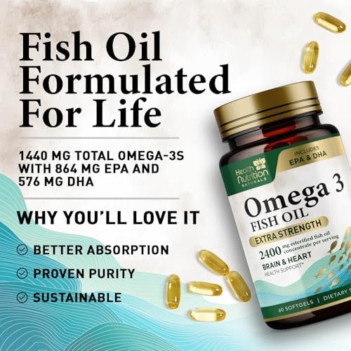 Omega 3 Fischöl Kapseln – 2400 mg Fischöl pro Portion – Dreifach starke Omega-3 mit EPA & DHA Fettsäuren – Natürliche Unterstützung für Herz, Gehirn und Immunsystem – Wild gefangen, in den USA abgefüllt – 60 Weichkapseln