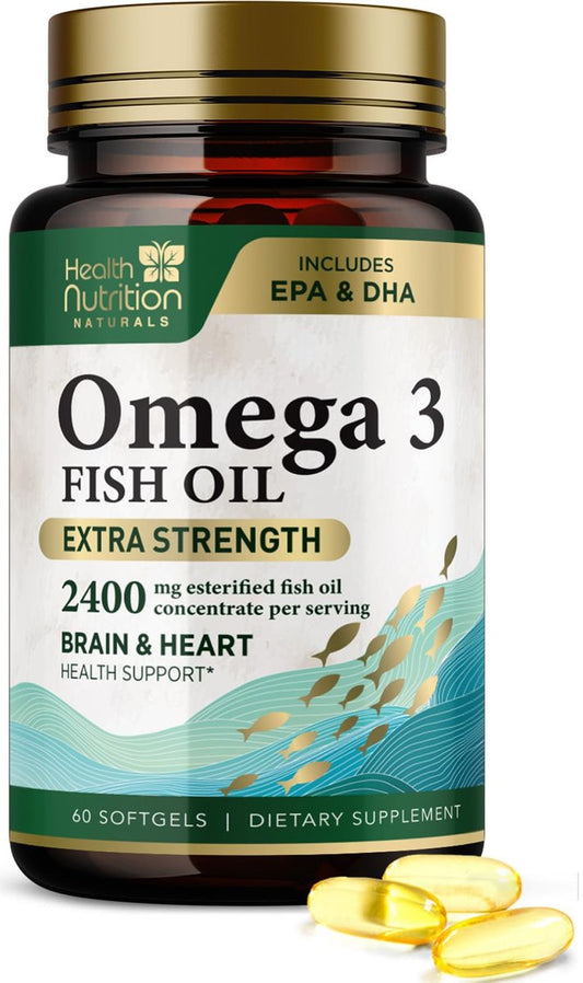 Omega 3 Fischöl Kapseln – 2400 mg Fischöl pro Portion – Dreifach starke Omega-3 mit EPA & DHA Fettsäuren – Natürliche Unterstützung für Herz, Gehirn und Immunsystem – Wild gefangen, in den USA abgefüllt – 60 Weichkapseln