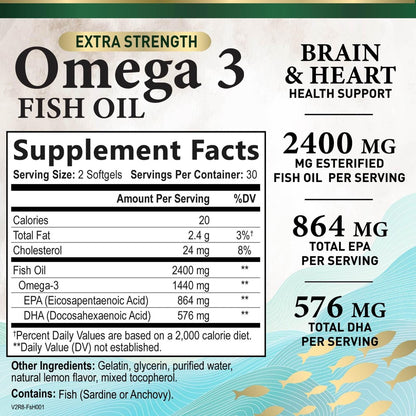 Omega 3 Fischöl Kapseln – 2400 mg Fischöl pro Portion – Dreifach starke Omega-3 mit EPA & DHA Fettsäuren – Natürliche Unterstützung für Herz, Gehirn und Immunsystem – Wild gefangen, in den USA abgefüllt – 60 Weichkapseln