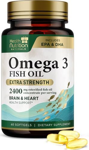 Omega 3 Fischöl Kapseln – 2400 mg Fischöl pro Portion – Dreifach starke Omega-3 mit EPA & DHA Fettsäuren – Natürliche Unterstützung für Herz, Gehirn und Immunsystem – Wild gefangen, in den USA abgefüllt – 60 Weichkapseln