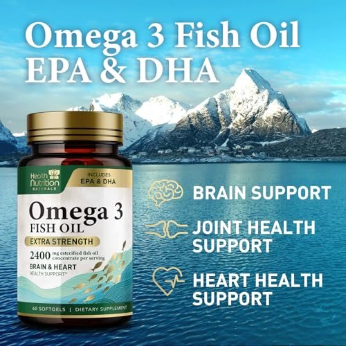 Omega 3 Fischöl Kapseln – 2400 mg Fischöl pro Portion – Dreifach starke Omega-3 mit EPA & DHA Fettsäuren – Natürliche Unterstützung für Herz, Gehirn und Immunsystem – Wild gefangen, in den USA abgefüllt – 60 Weichkapseln